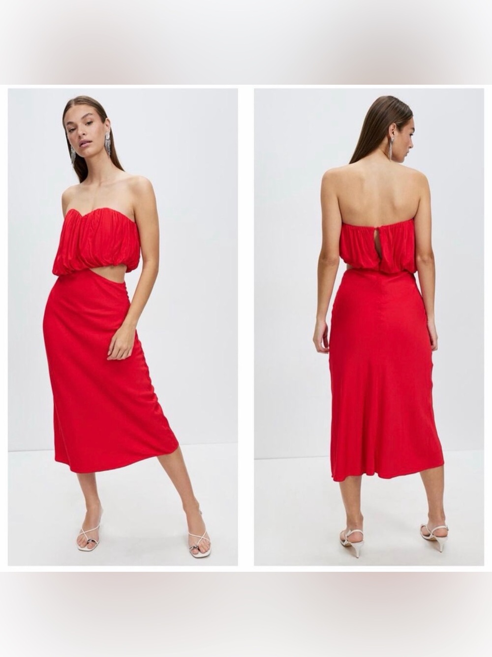 Third Form Red Strapless Cutout Midi Dress Ruched Bubble Bodice US 10